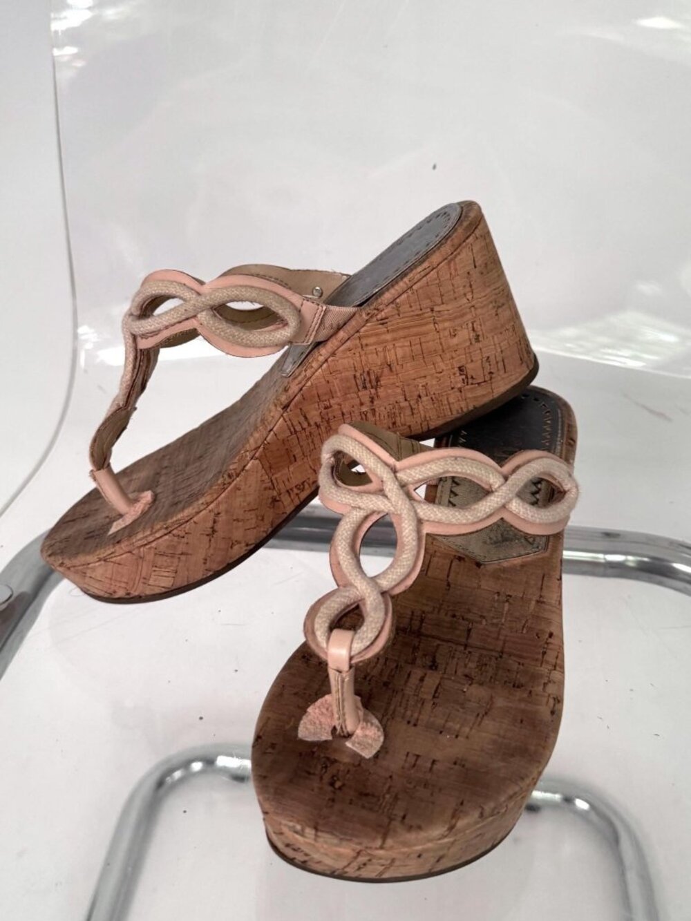 Vintage CIRCUS rope embroidered chunky thong cork wedges platform sandals US 6